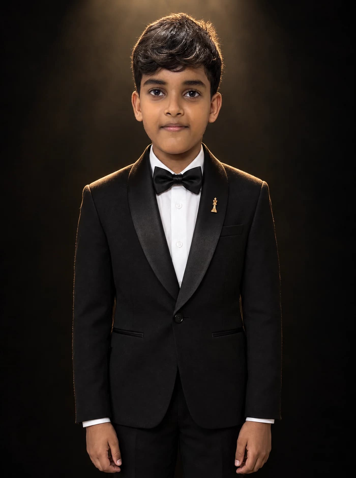 Rithik Amarnath in a black tuxedo with a gold chess-king lapel pin
